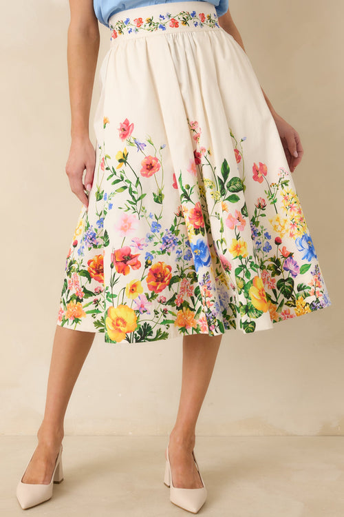 Women's A Beautiful Arrangement Ivory Multi Floral Cotton Midi Skirt | 98% Cotton & 2% Spandex Contrast: 98% Cotton & 2% 0