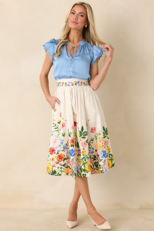 Women's A Beautiful Arrangement Ivory Multi Floral Cotton Midi Skirt | 98% Cotton & 2% Spandex Contrast: 98% Cotton & 2% 1