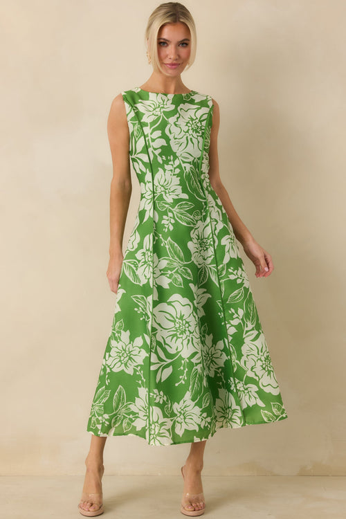Women's A Beautiful Becoming Green Floral Print Sleeveless Midi Dress | 100% Polyester 0