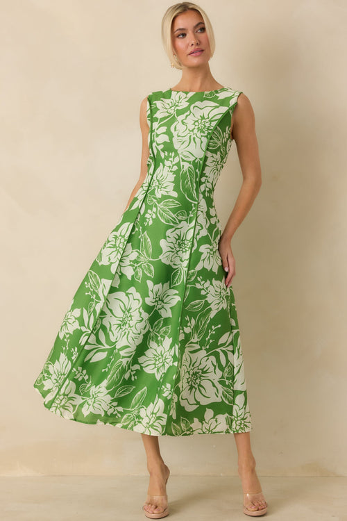 Women's A Beautiful Becoming Green Floral Print Sleeveless Midi Dress | 100% Polyester 1