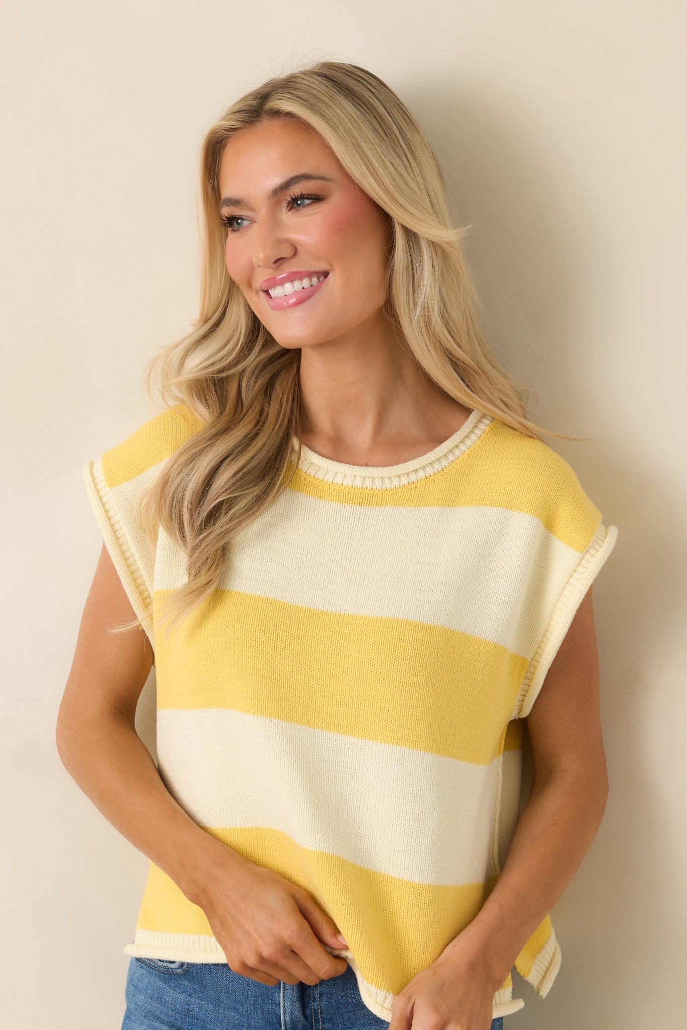 Women's All In A Day Yellow & Ivory Stripe Knit Top | 60% Cotton & 40% Acrylic 1