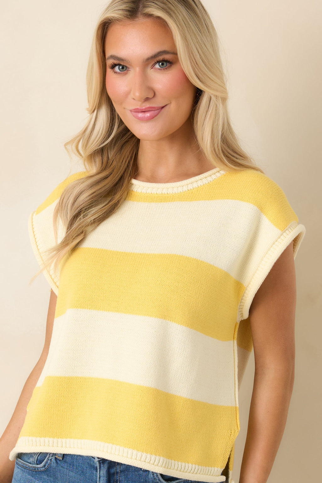 Women's All In A Day Yellow & Ivory Stripe Knit Top | 60% Cotton & 40% Acrylic 2