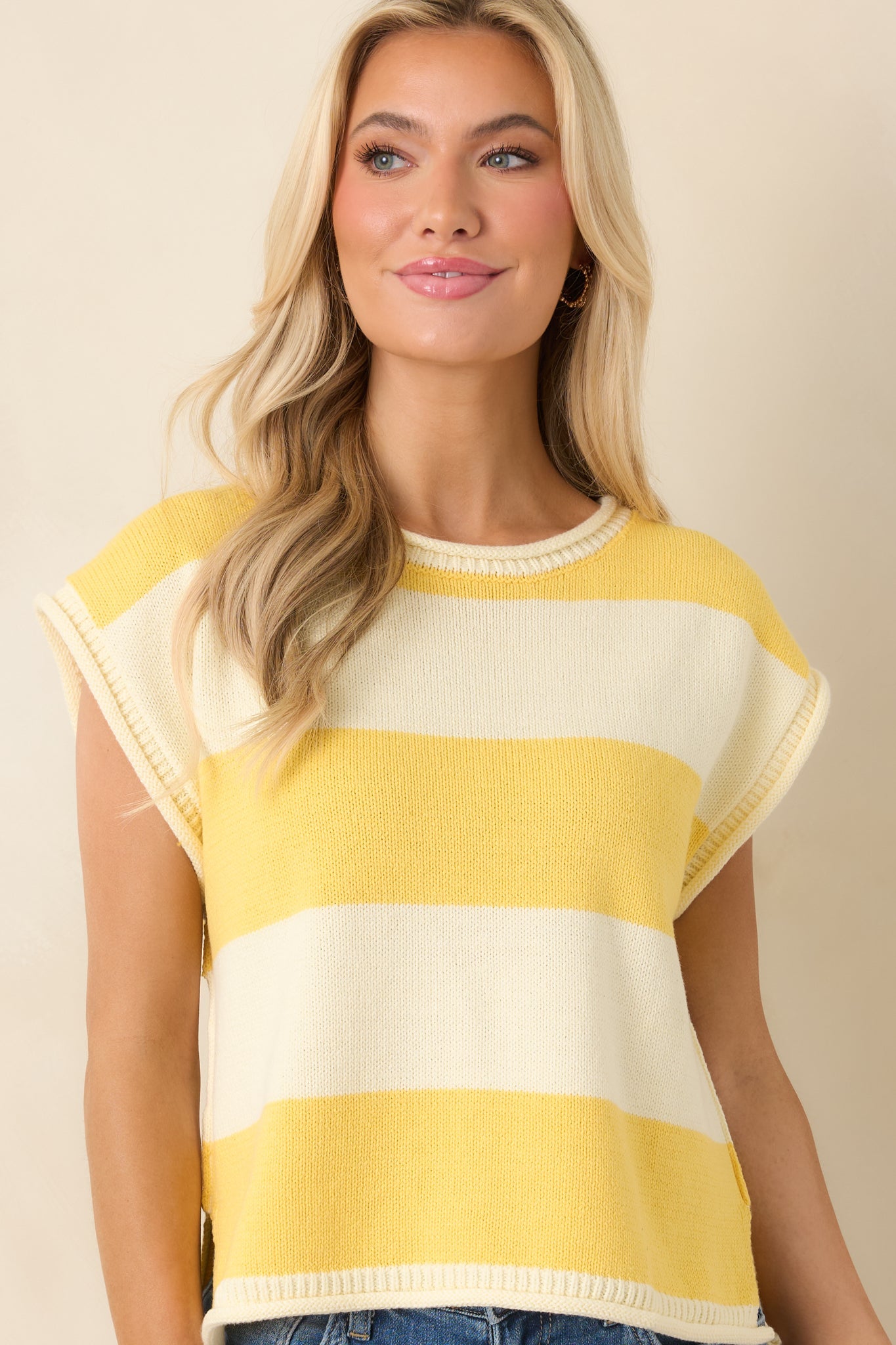 Women's All In A Day Yellow & Ivory Stripe Knit Top | 60% Cotton & 40% Acrylic 4