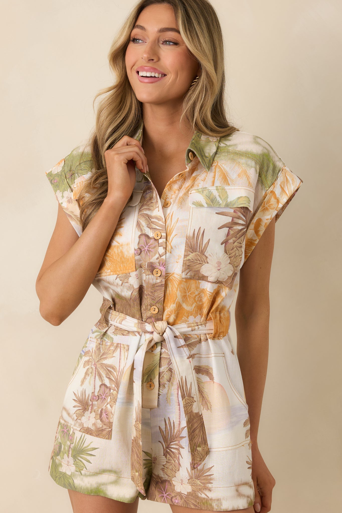 Women's Aylaya Maya Multi Tropical Beach Print Belted Romper | 25% Linen & 75% Viscose 1