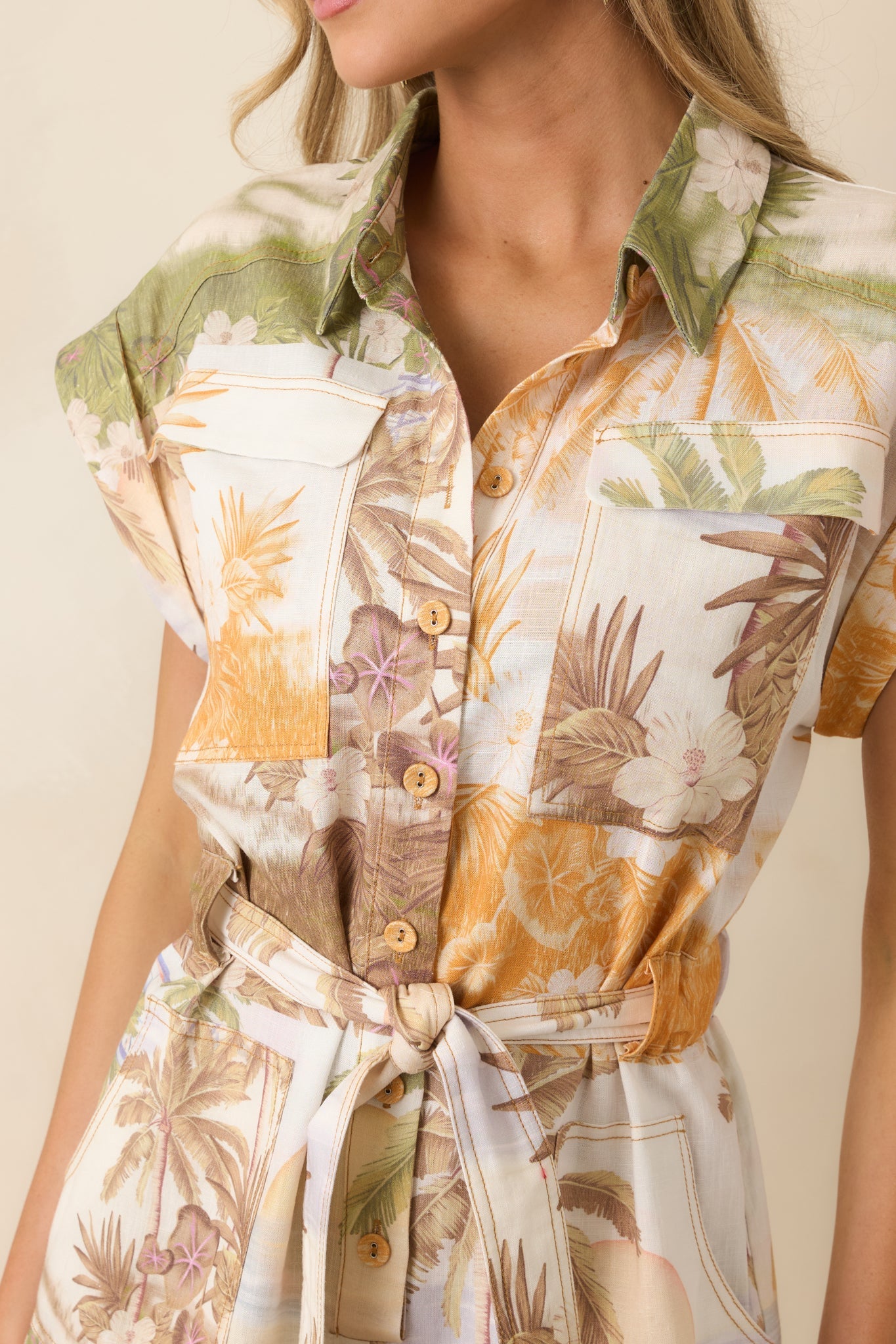 Women's Aylaya Maya Multi Tropical Beach Print Belted Romper | 25% Linen & 75% Viscose 2