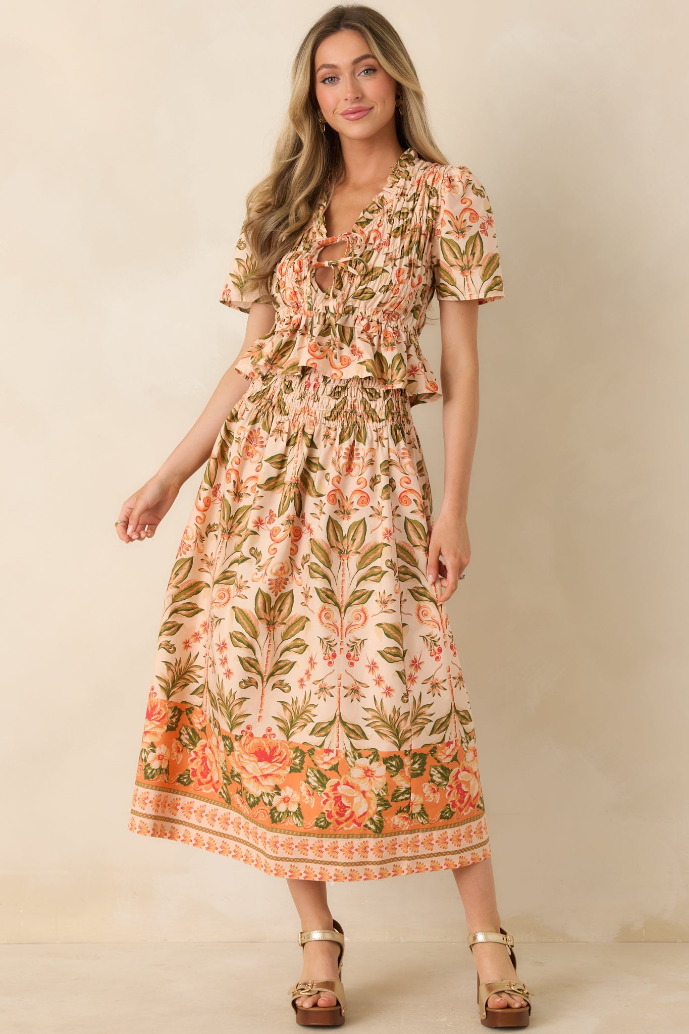 Women's Bloom With Me Peach & Meadow Green Floral Smocked Cotton Top | 100% Cotton 0