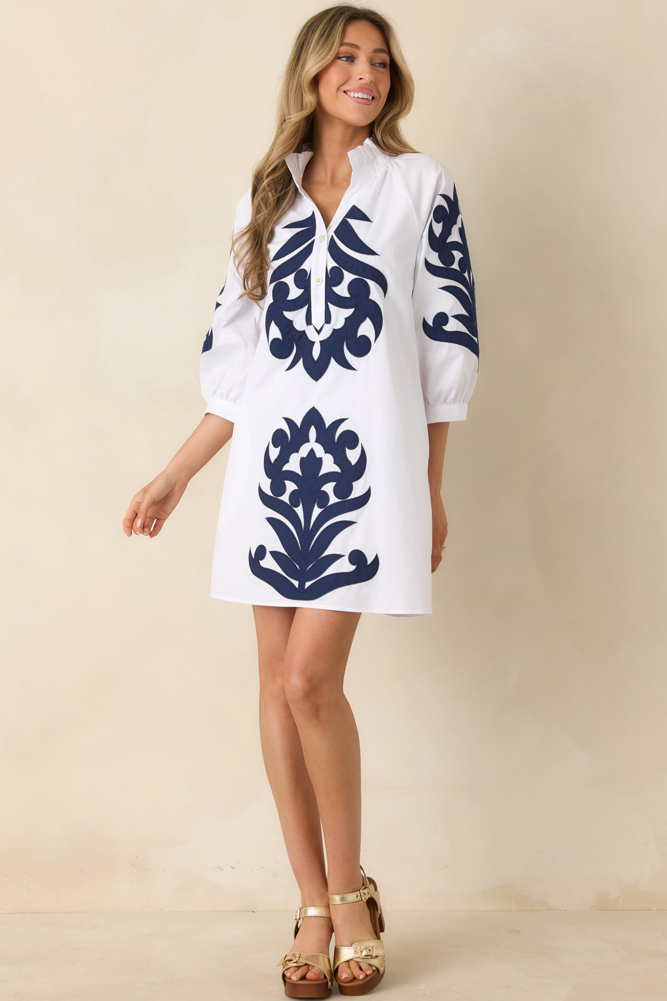 Women's Bold Impressions White & Navy Contrast Detail Tunic Mini Dress | 100% Cotton Contrast: 80% Polyester & 20% Cotto 0