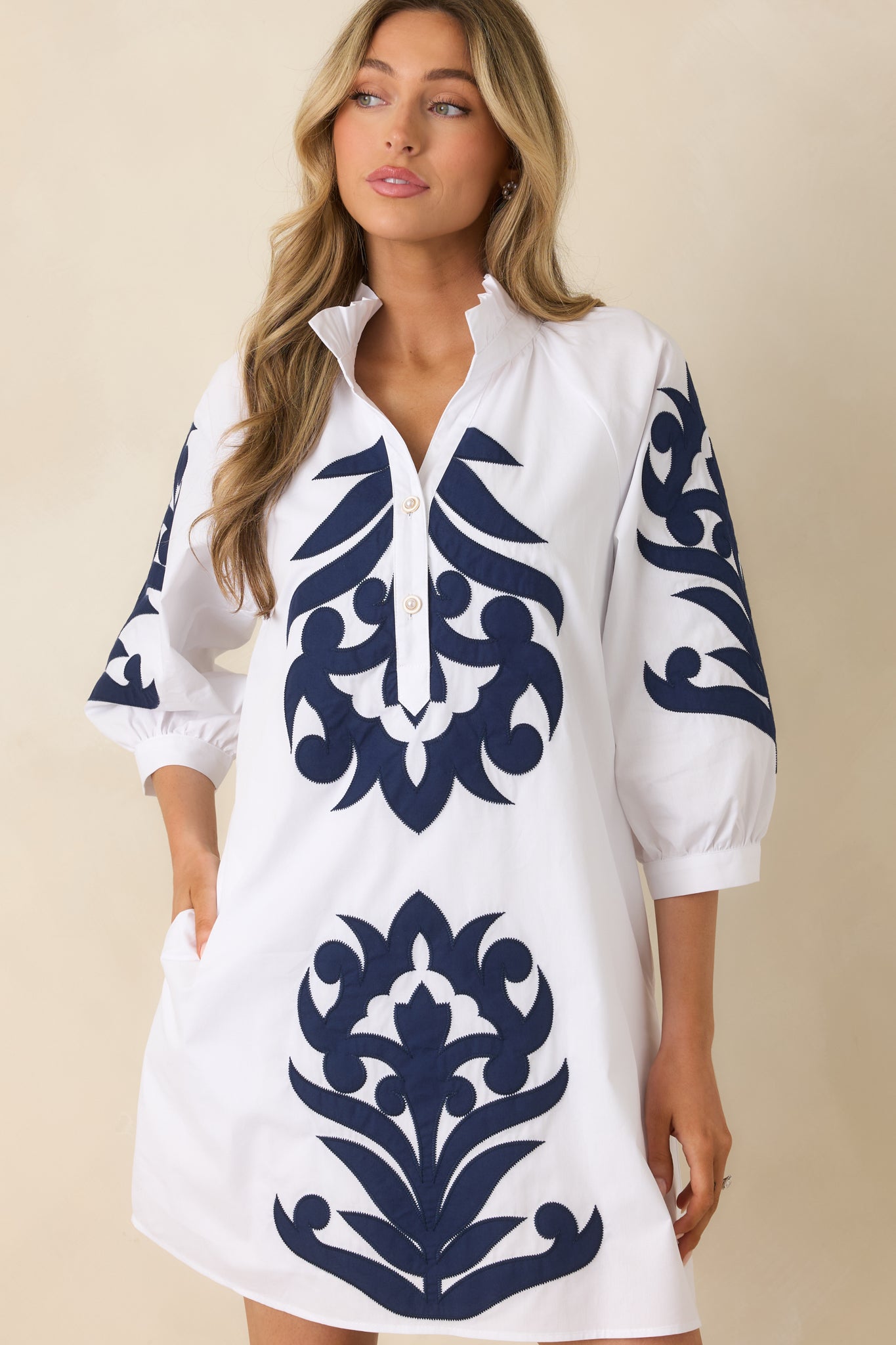 Women's Bold Impressions White & Navy Contrast Detail Tunic Mini Dress | 100% Cotton Contrast: 80% Polyester & 20% Cotto 1