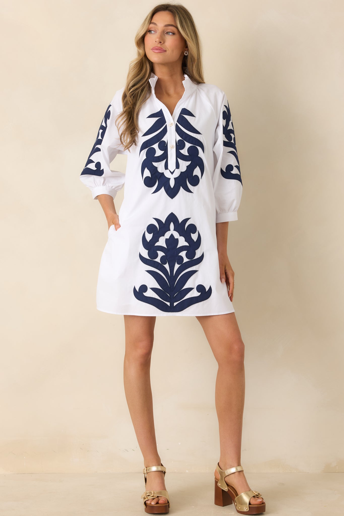 Women's Bold Impressions White & Navy Contrast Detail Tunic Mini Dress | 100% Cotton Contrast: 80% Polyester & 20% Cotto 3