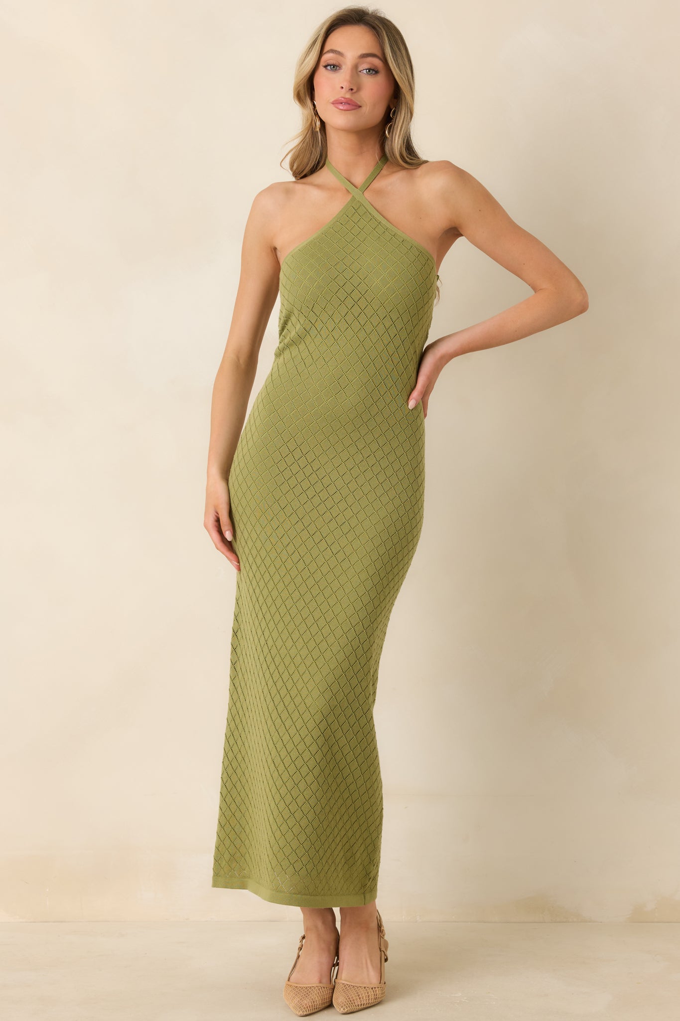 Women's Causing a Heatwave Olive Green Textured Diamond Knit Halter Midi Dress | 80% Viscose & 20% Nylon 2