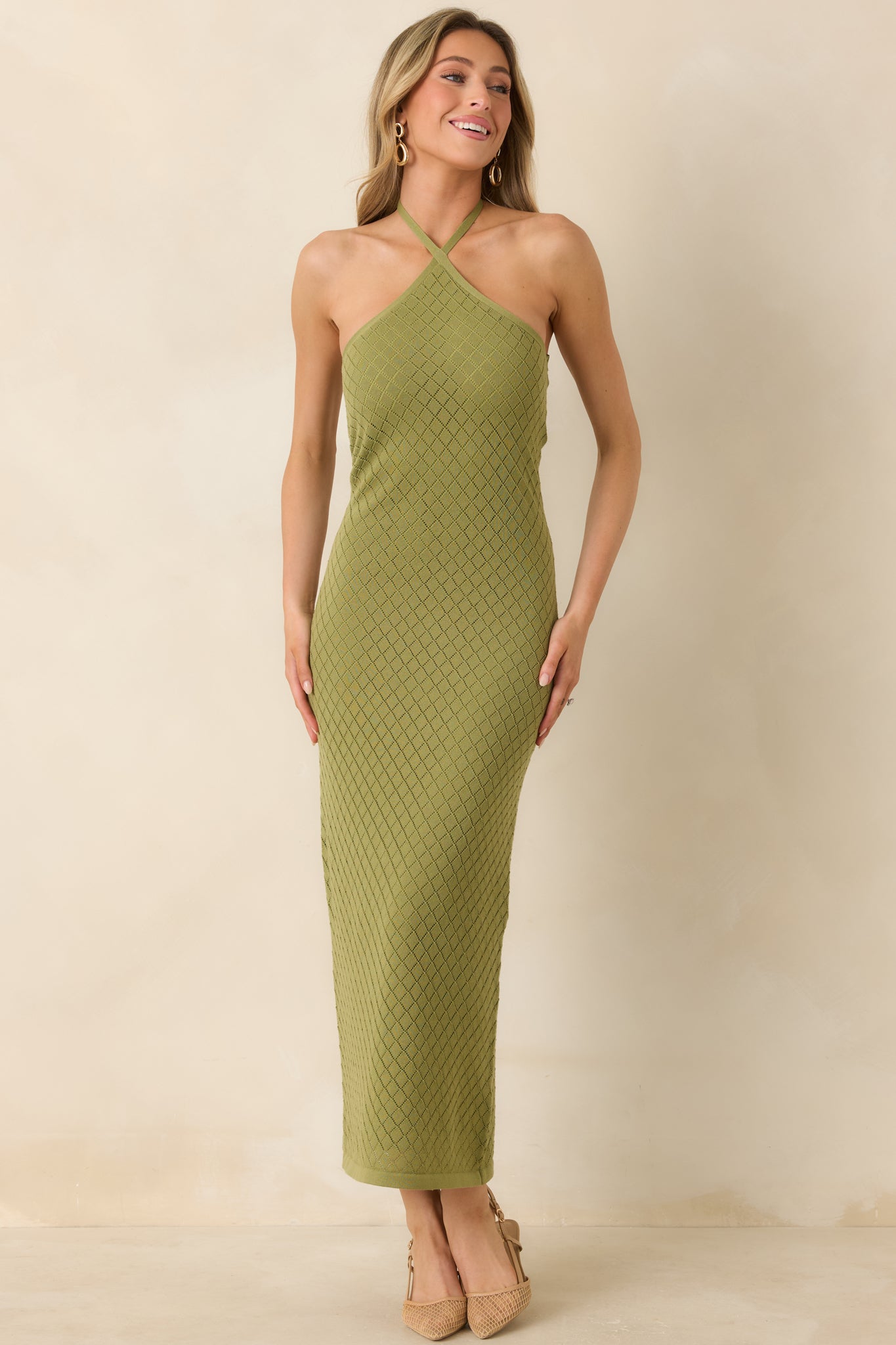 Women's Causing a Heatwave Olive Green Textured Diamond Knit Halter Midi Dress | 80% Viscose & 20% Nylon 4