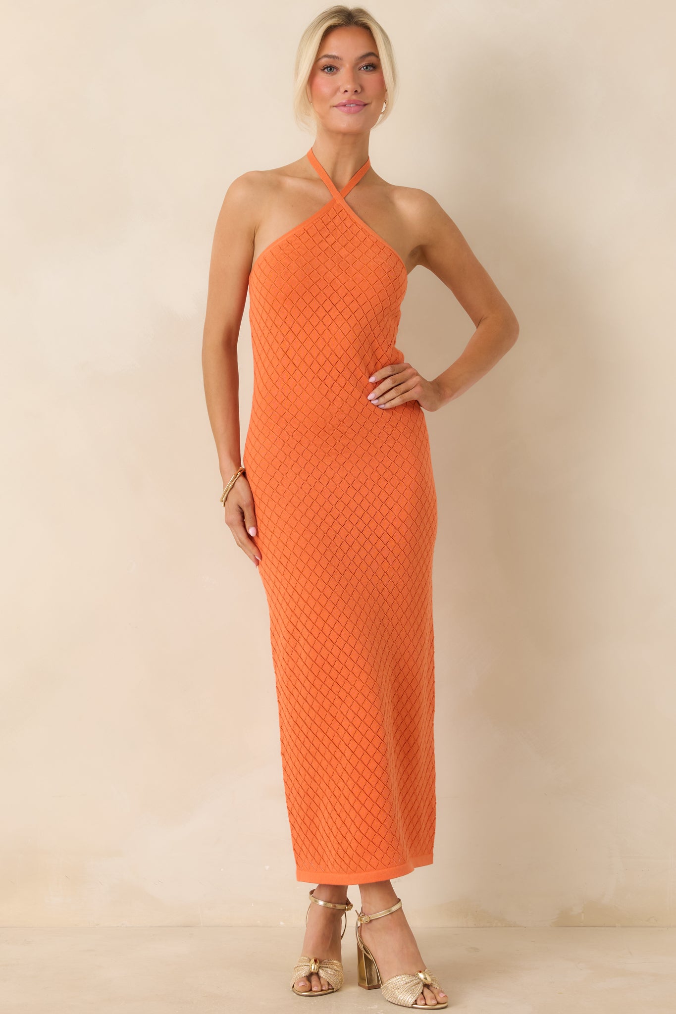 Women's Causing a Heatwave Orange Textured Diamond Knit Halter Midi Dress | 80% Viscose & 20% Nylon 0