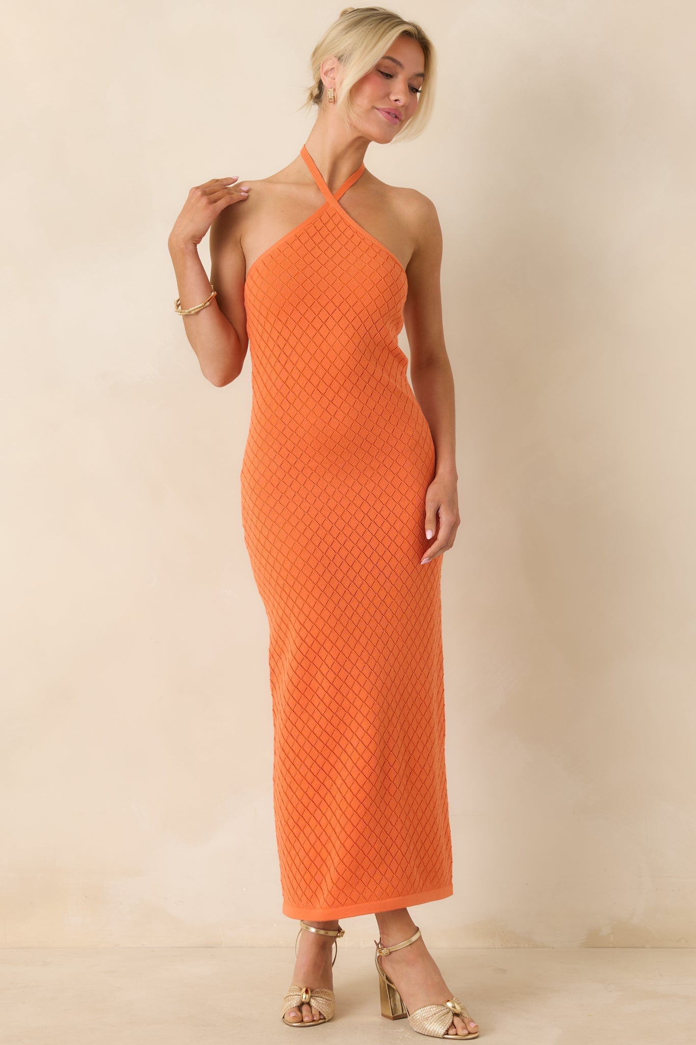 Women's Causing a Heatwave Orange Textured Diamond Knit Halter Midi Dress | 80% Viscose & 20% Nylon 1