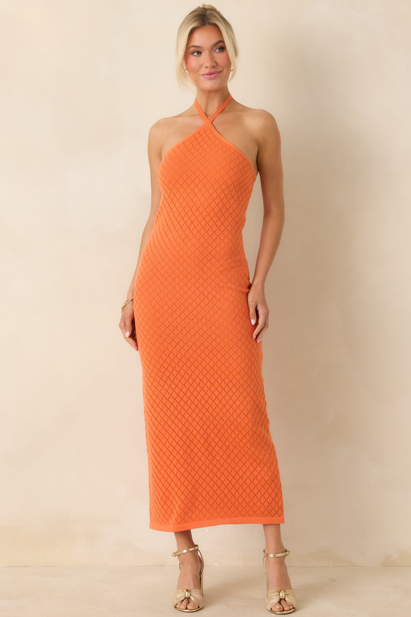 Women's Causing a Heatwave Orange Textured Diamond Knit Halter Midi Dress | 80% Viscose & 20% Nylon 3