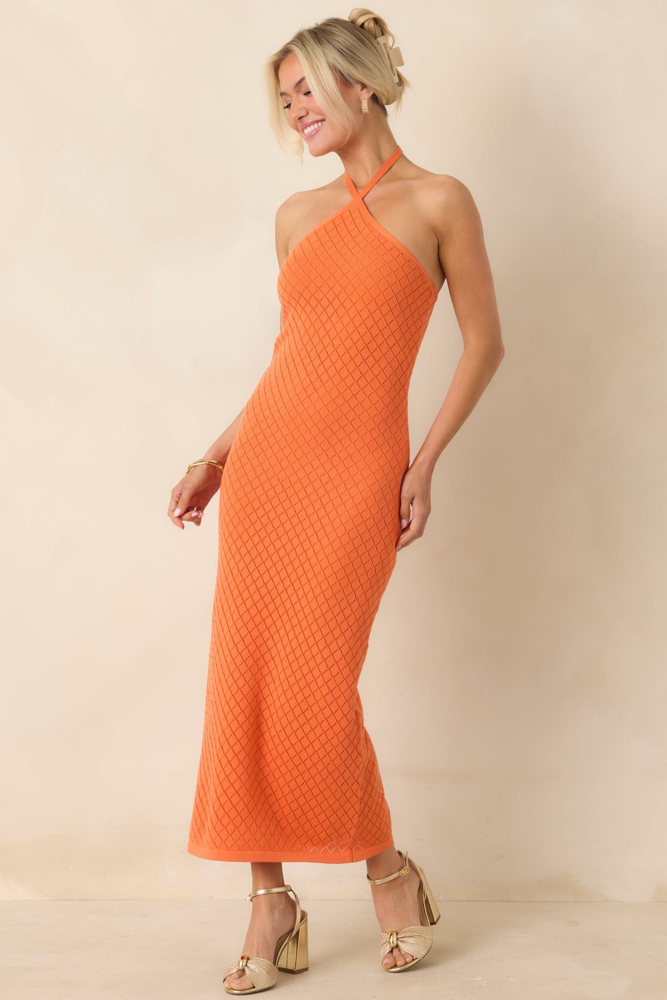 Women's Causing a Heatwave Orange Textured Diamond Knit Halter Midi Dress | 80% Viscose & 20% Nylon 4