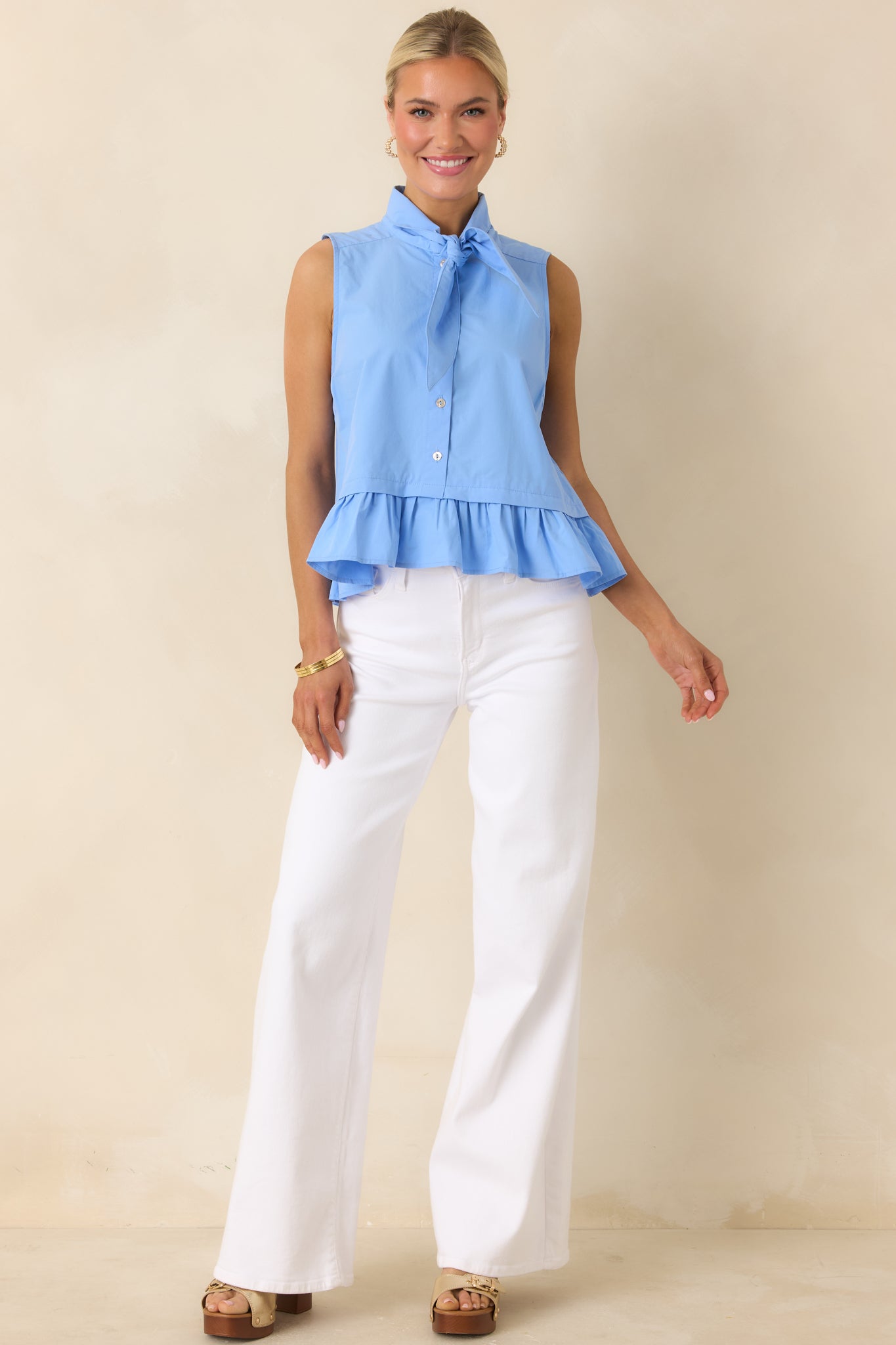 Women's Charm School Blue Cotton Sleeveless Tie Neck Top | 100% Cotton 0