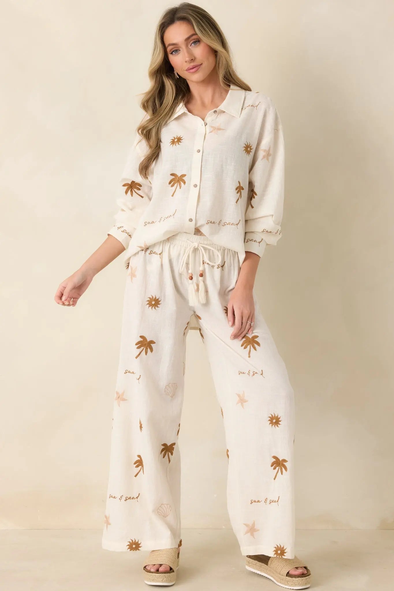 Women's Driftwood Days Light Beige Cotton Coastal Embroidered Wide Leg Pants | 100% Cotton 1