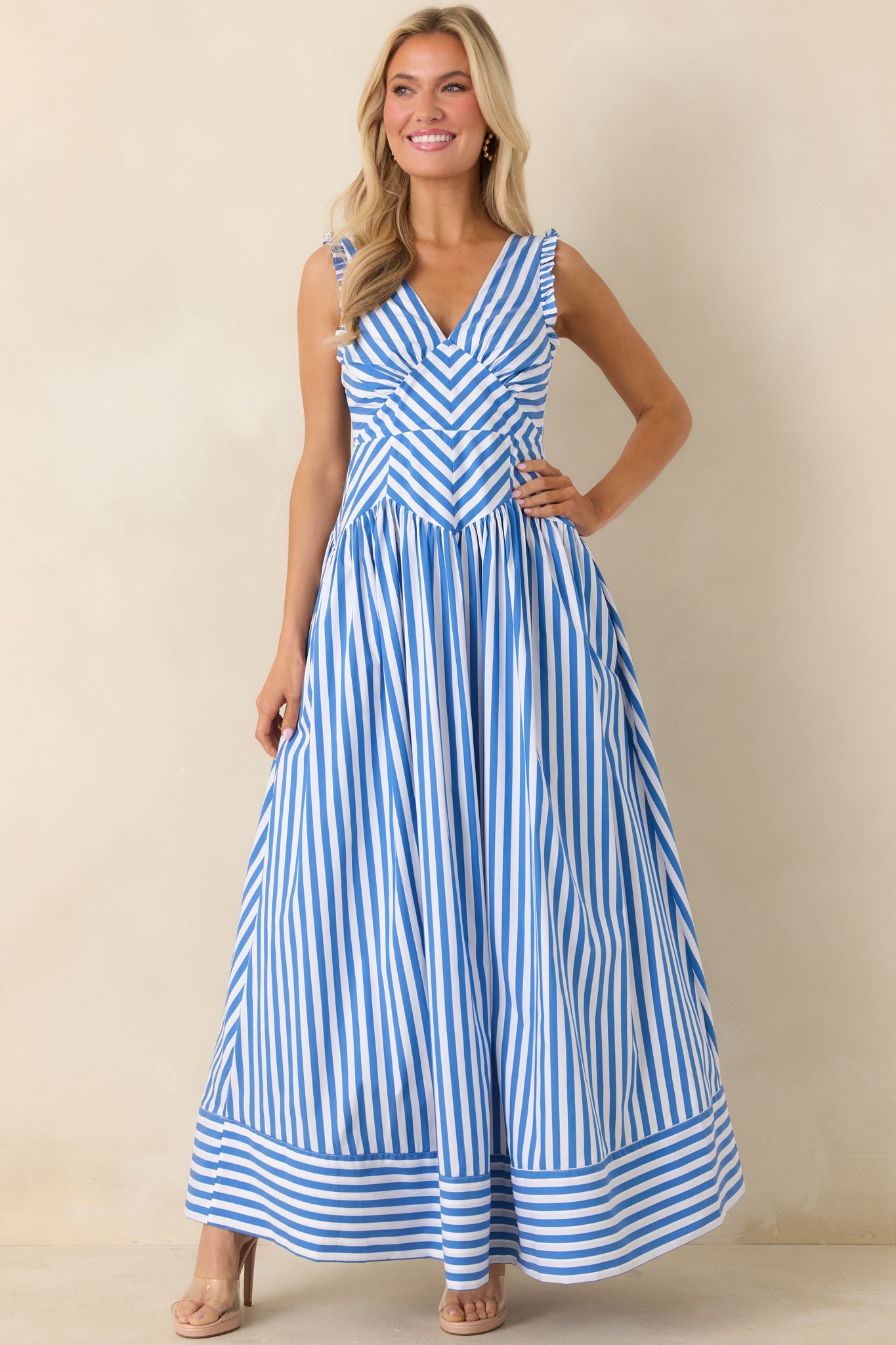 Women's It’s a Good Thing Blue Stripe Cotton Blend Sleeveless Maxi Dress | 70% Cotton 2