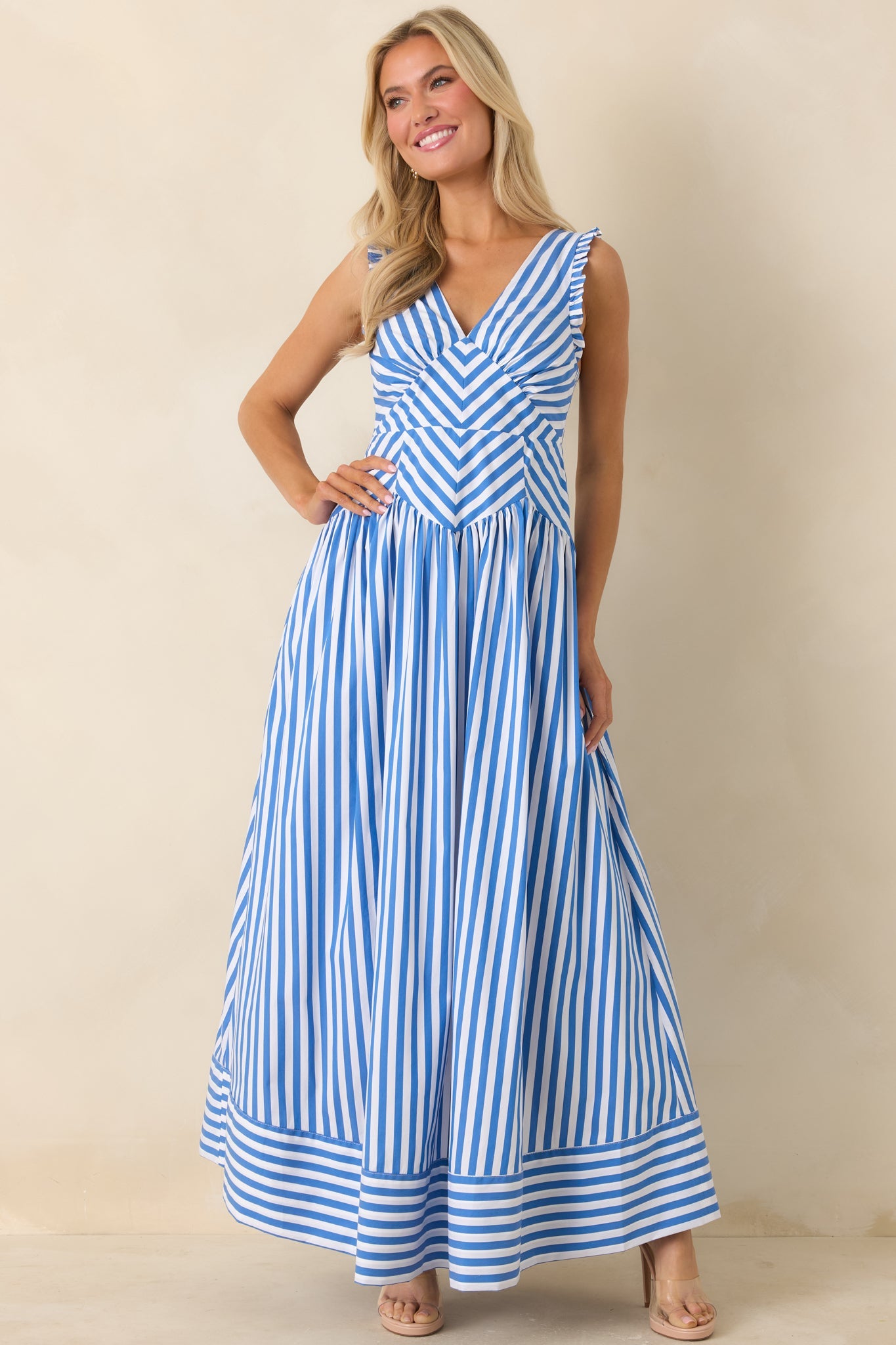 Women's It’s a Good Thing Blue Stripe Cotton Blend Sleeveless Maxi Dress | 70% Cotton 3