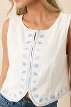 Women's Just Beachy Ivory Cotton Embroidered Seashell Top | 100% Cotton 1