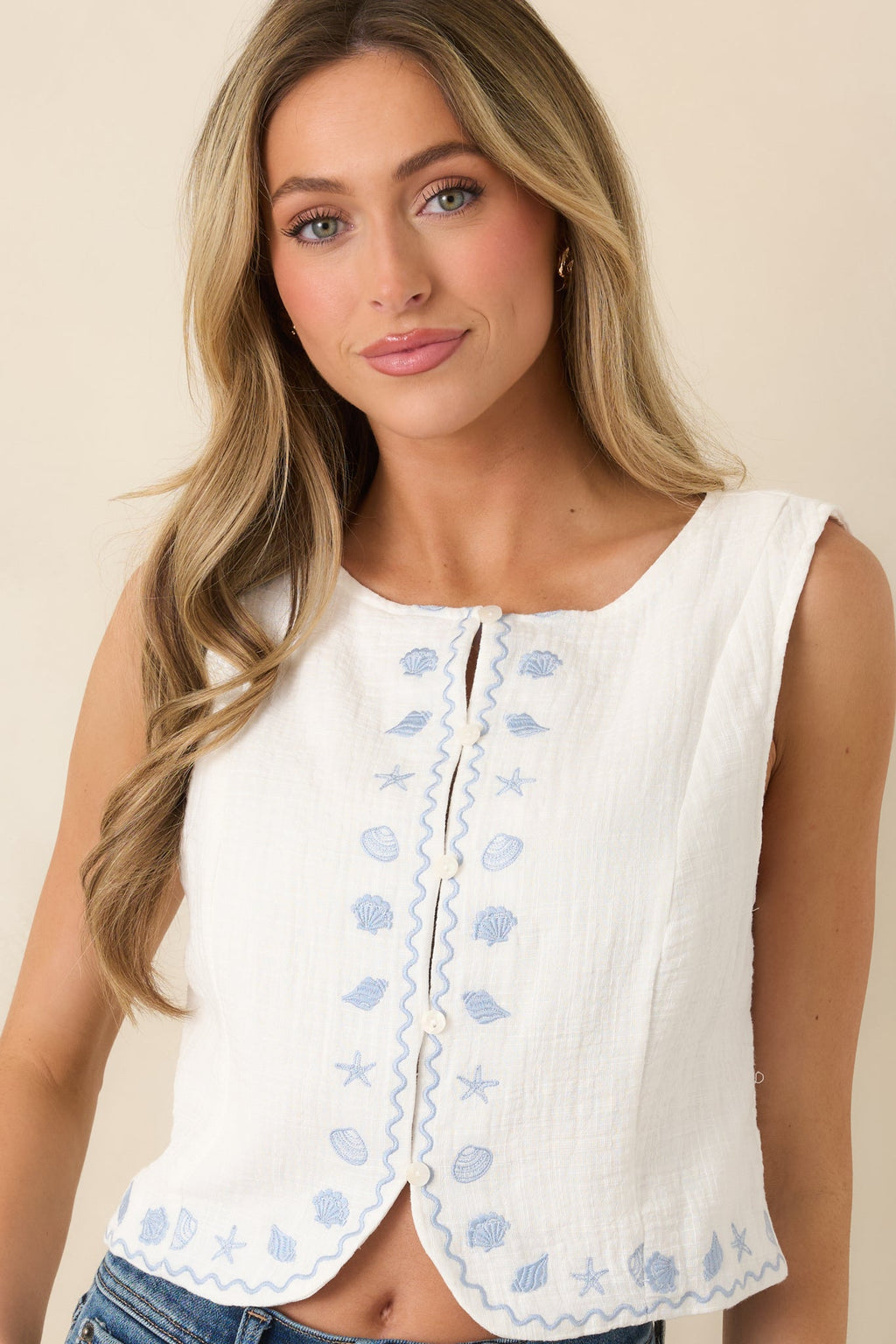 Women's Just Beachy Ivory Cotton Embroidered Seashell Top | 100% Cotton 2