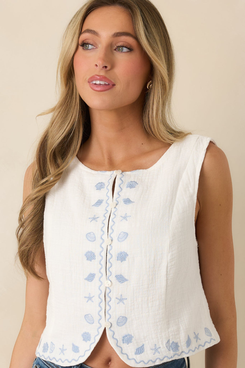 Women's Just Beachy Ivory Cotton Embroidered Seashell Top | 100% Cotton 3