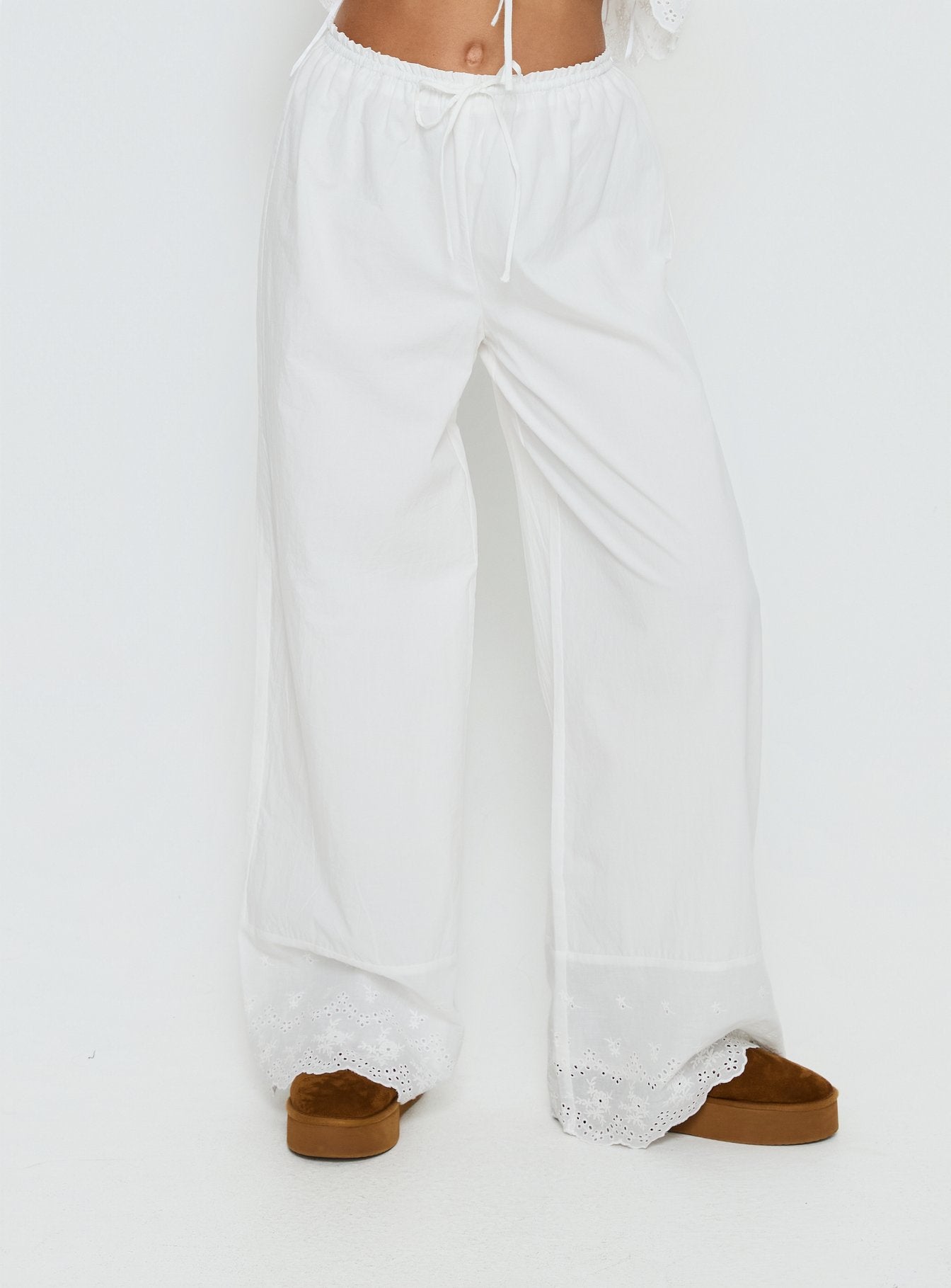 Women's Kissed Chaos Broderie Anglais Tie Waist Pants White | Tie-waist pants in broderie anglaise print 1