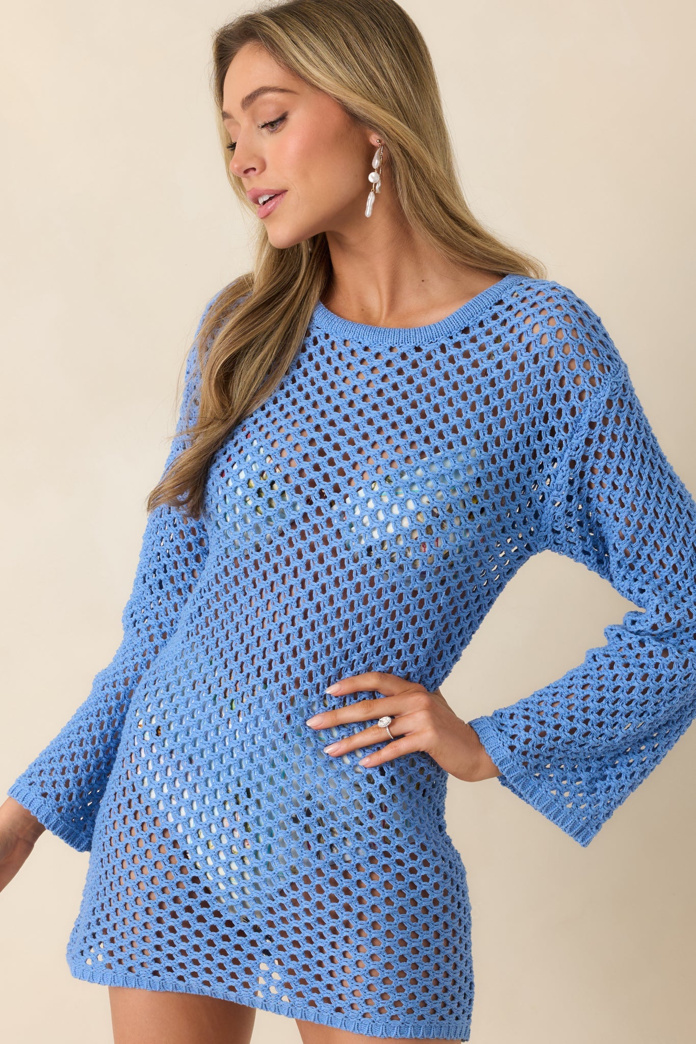Women's MINKPINK Balmy Blue Crochet Mini Dress | 60% Cotton & 40% Acrylic 2