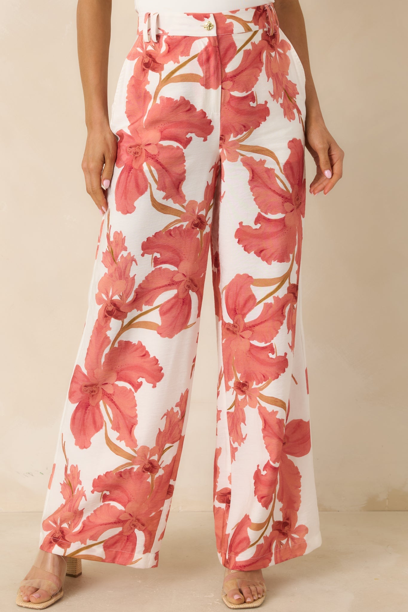 Women's MINKPINK Isla Peach Hibiscus Wide Leg Pants | 85% Viscose & 15% Polyamide 0