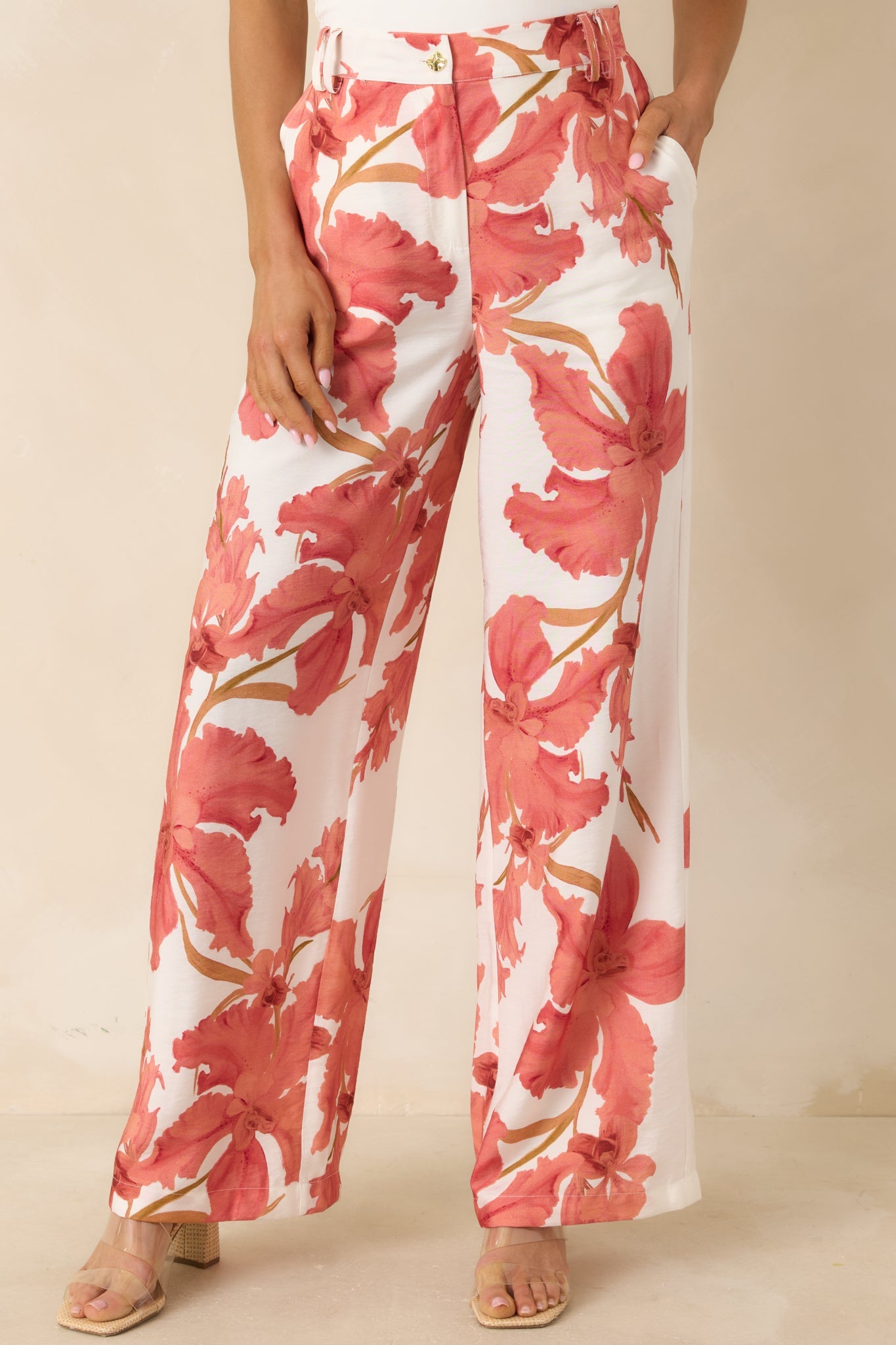 Women's MINKPINK Isla Peach Hibiscus Wide Leg Pants | 85% Viscose & 15% Polyamide 1