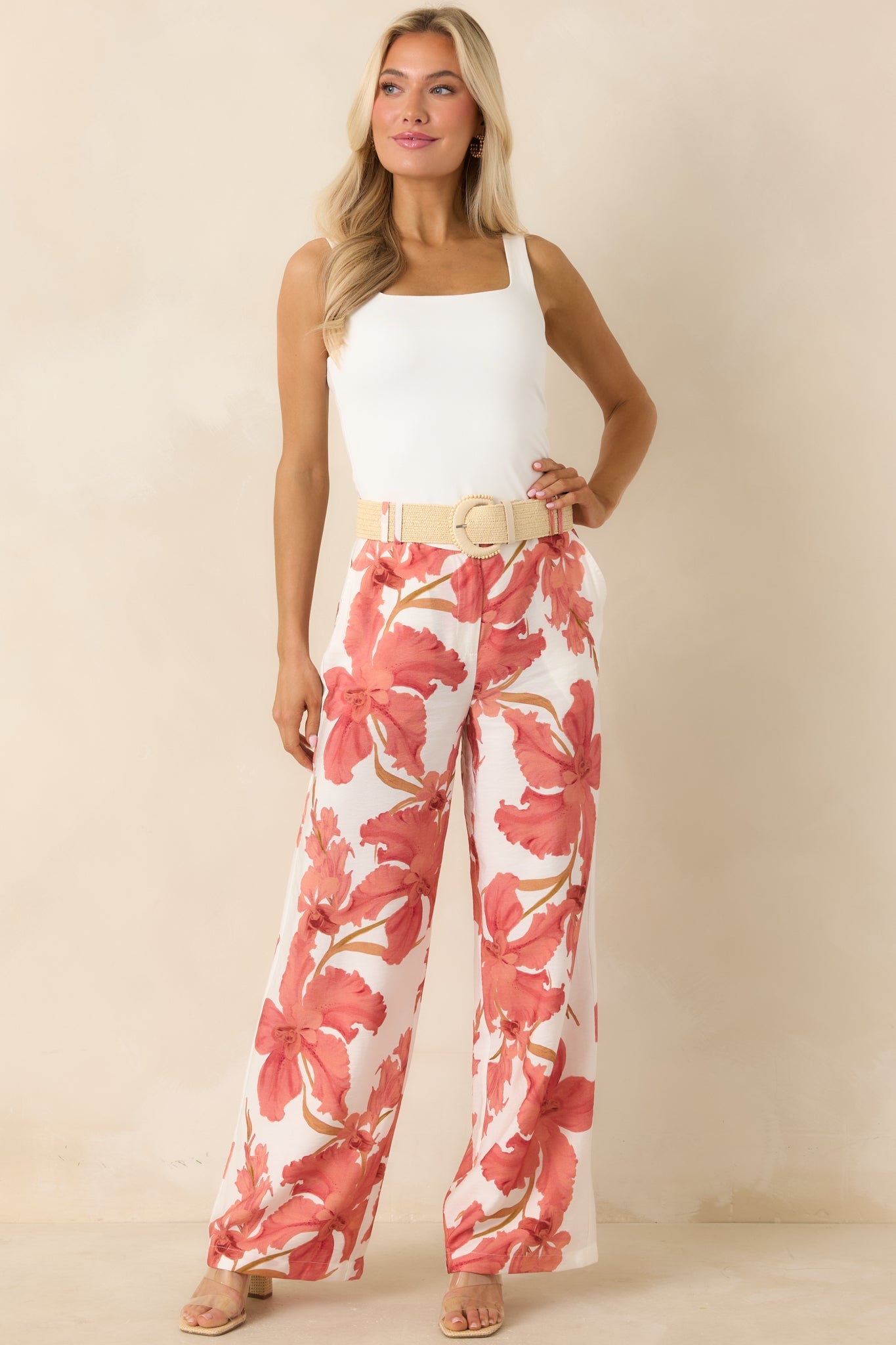 Women's MINKPINK Isla Peach Hibiscus Wide Leg Pants | 85% Viscose & 15% Polyamide 2