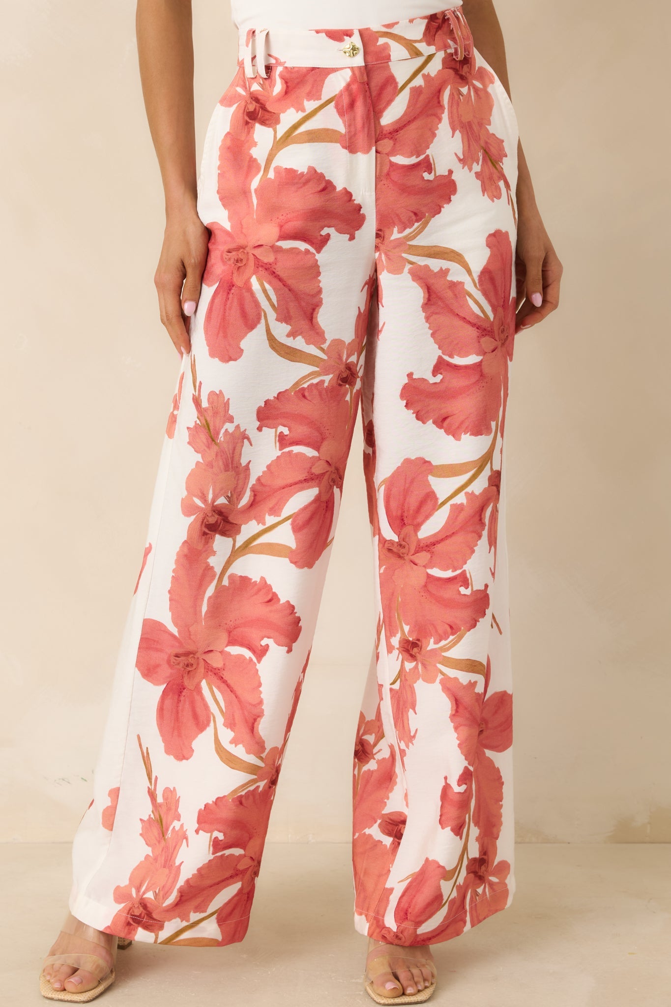 Women's MINKPINK Isla Peach Hibiscus Wide Leg Pants | 85% Viscose & 15% Polyamide 3
