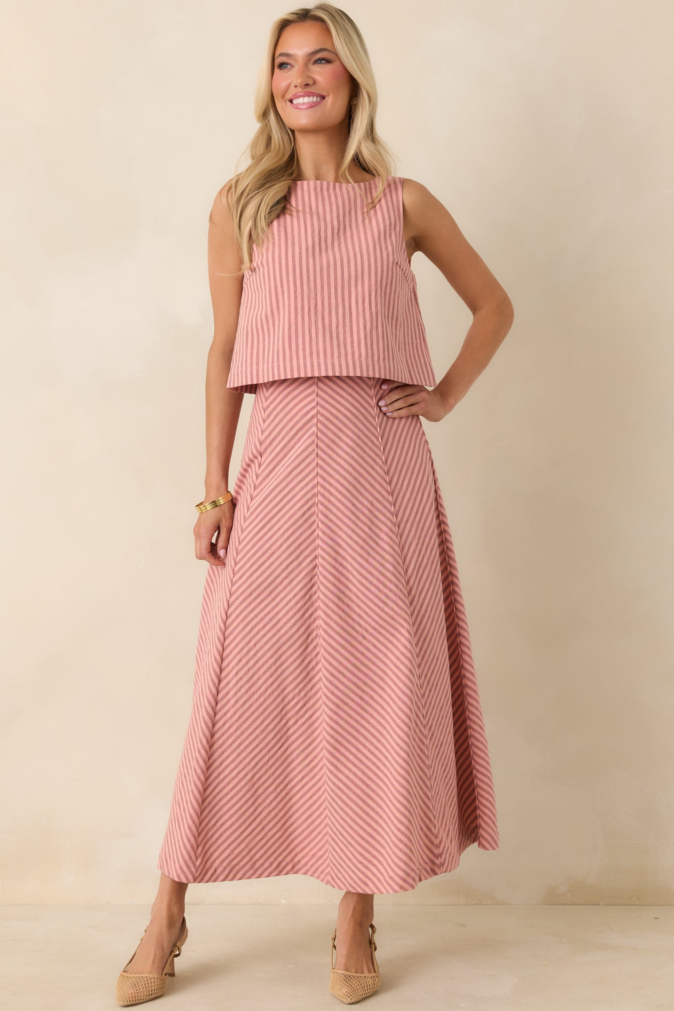 Women's MINKPINK Paloma Coral Pink Stripe Cotton Linen Low-Back Top | 80% Cotton & 20% Linen 2