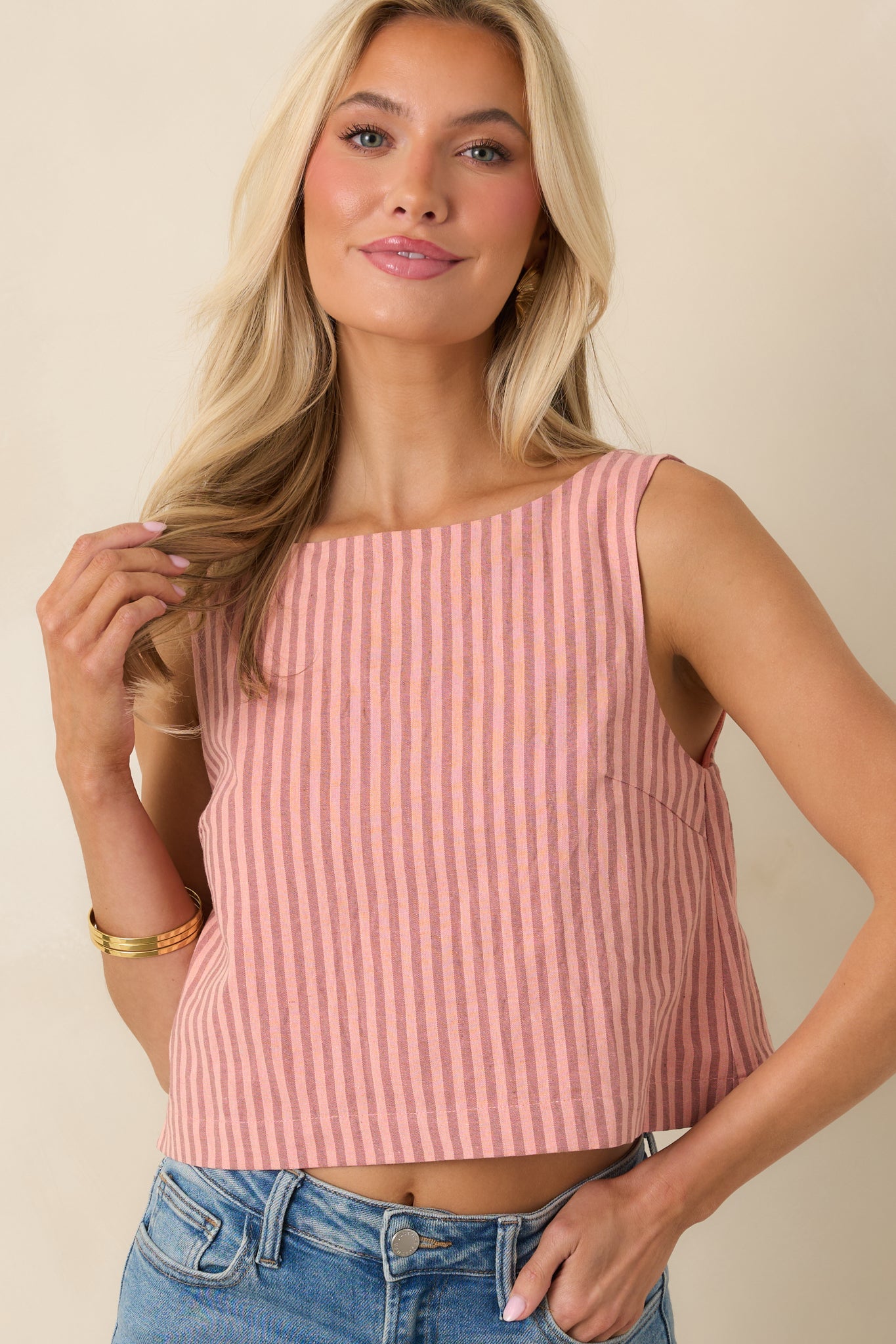 Women's MINKPINK Paloma Coral Pink Stripe Cotton Linen Low-Back Top | 80% Cotton & 20% Linen 3