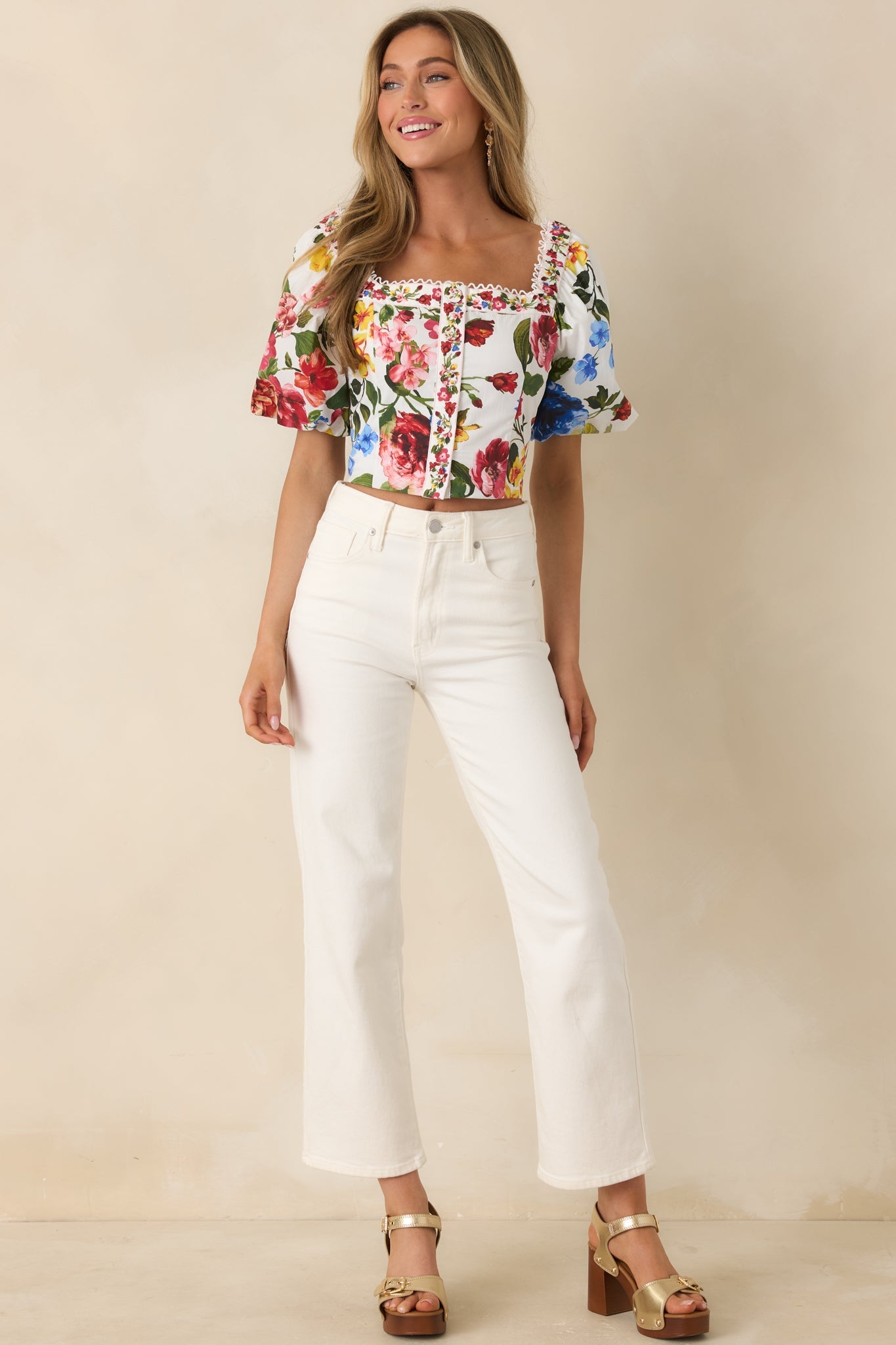 Women's Painted Garden Ivory Multi Floral Cotton Puff Sleeve Top | 100% Cotton 2