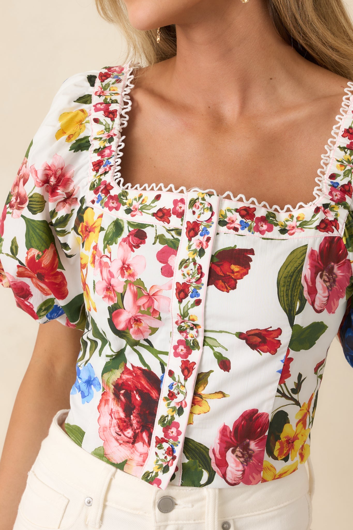 Women's Painted Garden Ivory Multi Floral Cotton Puff Sleeve Top | 100% Cotton 3