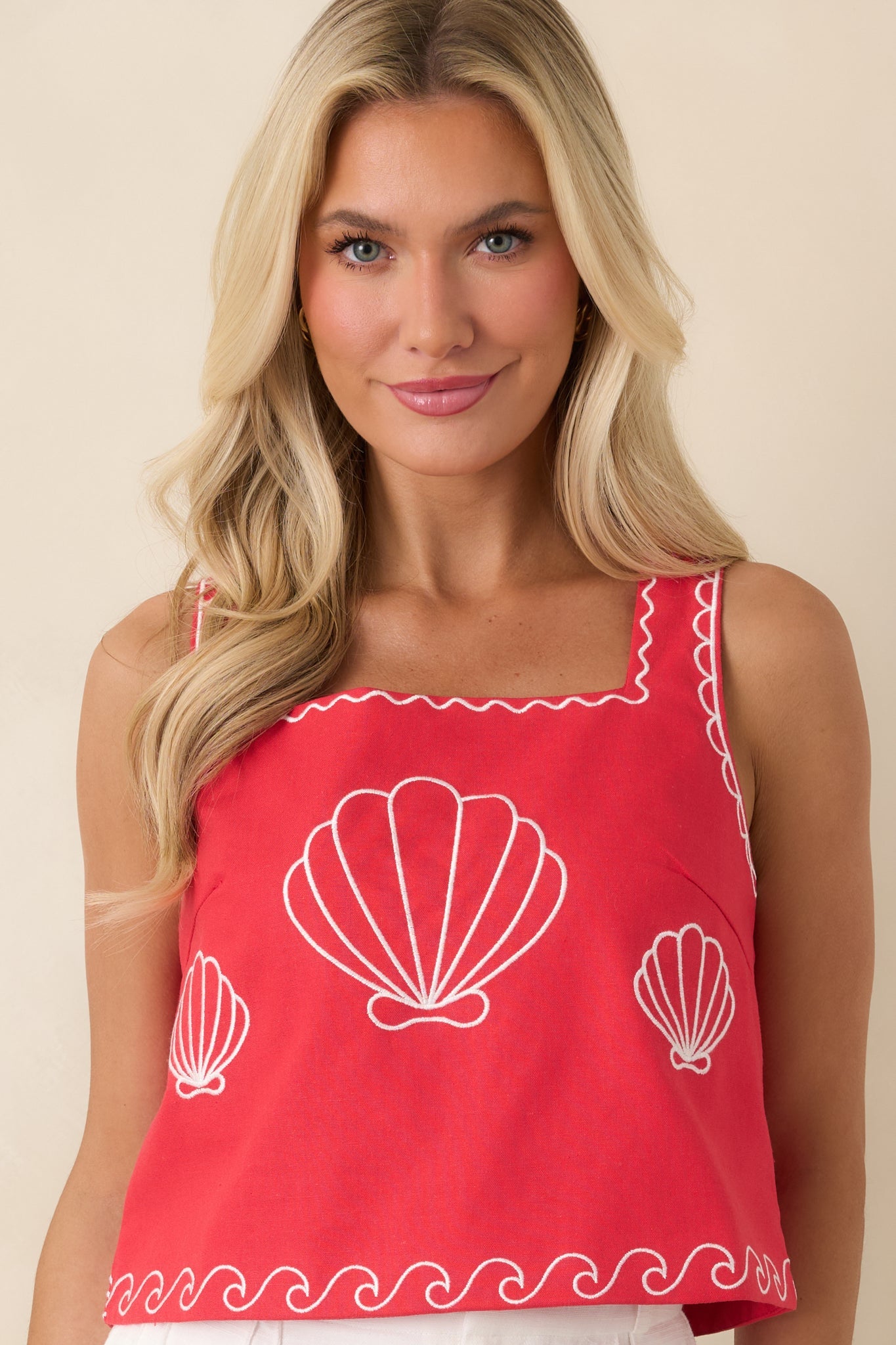 Women's Sea You Soon Red Cotton Blend Shell Embroidered Tank Top | 50% Cotton 1