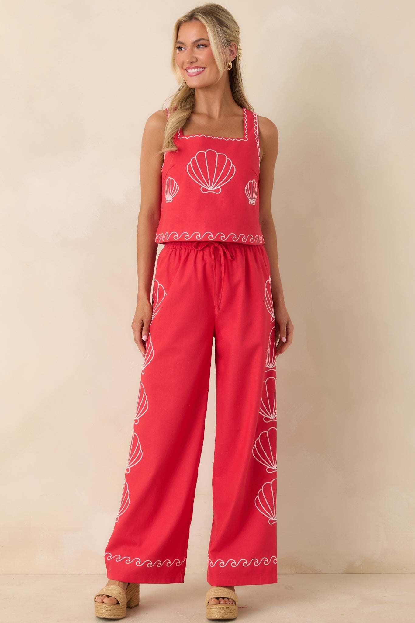 Women's Sea You Soon Red Cotton Blend Shell Embroidered Tank Top | 50% Cotton 2