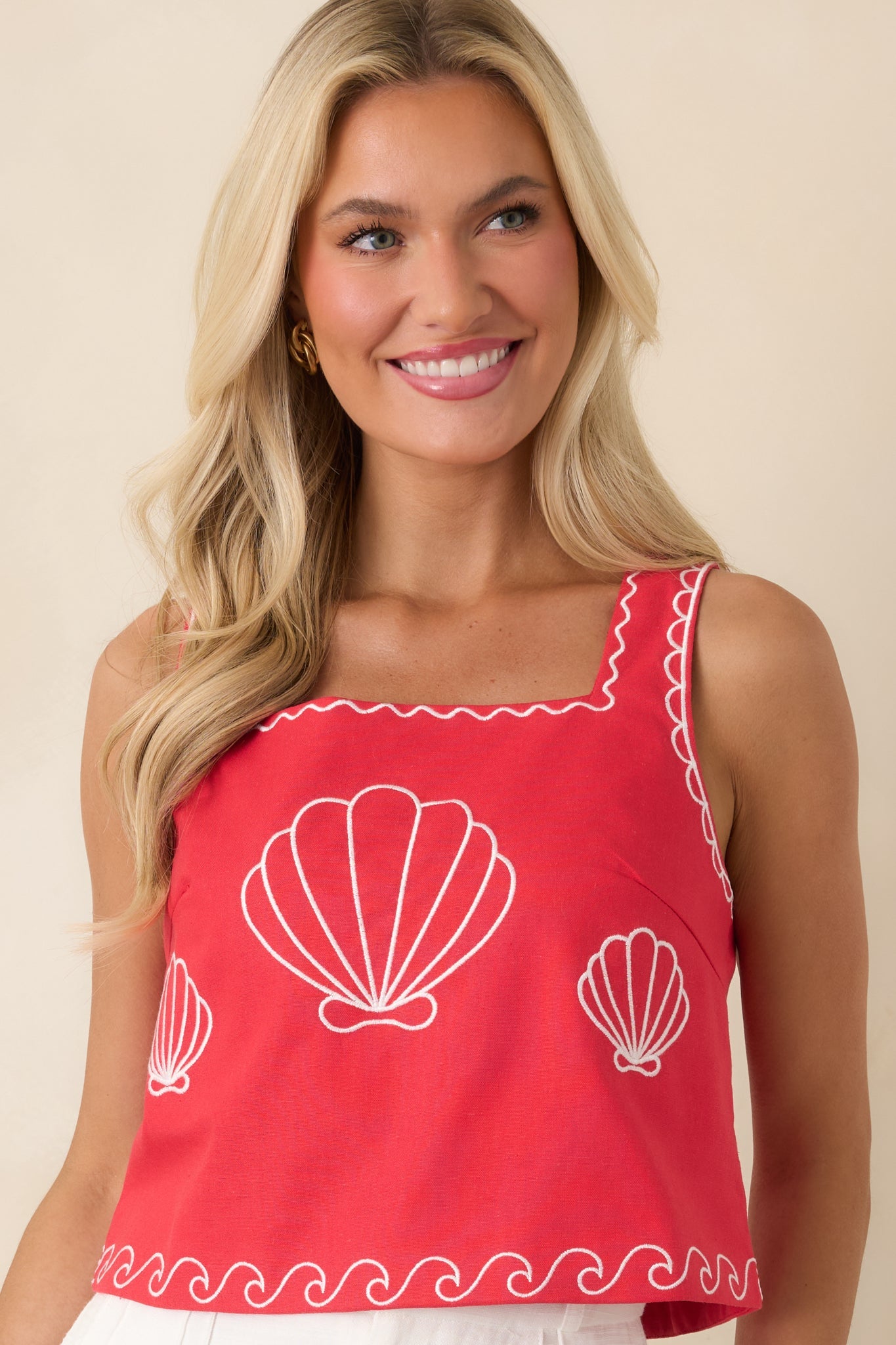 Women's Sea You Soon Red Cotton Blend Shell Embroidered Tank Top | 50% Cotton 3