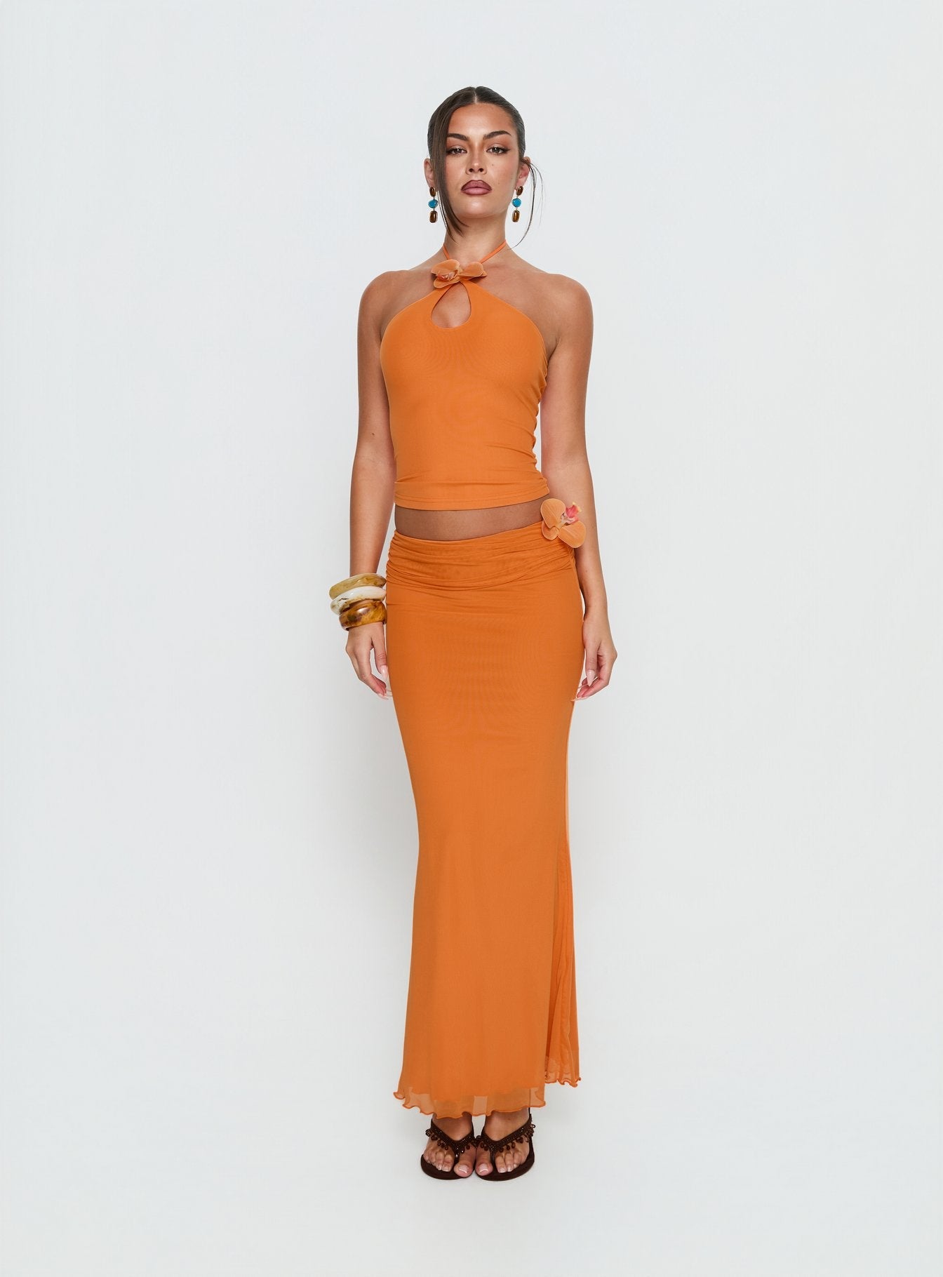 Women's Star Fruit Ruched Waist Maxi Skirt Orange 0