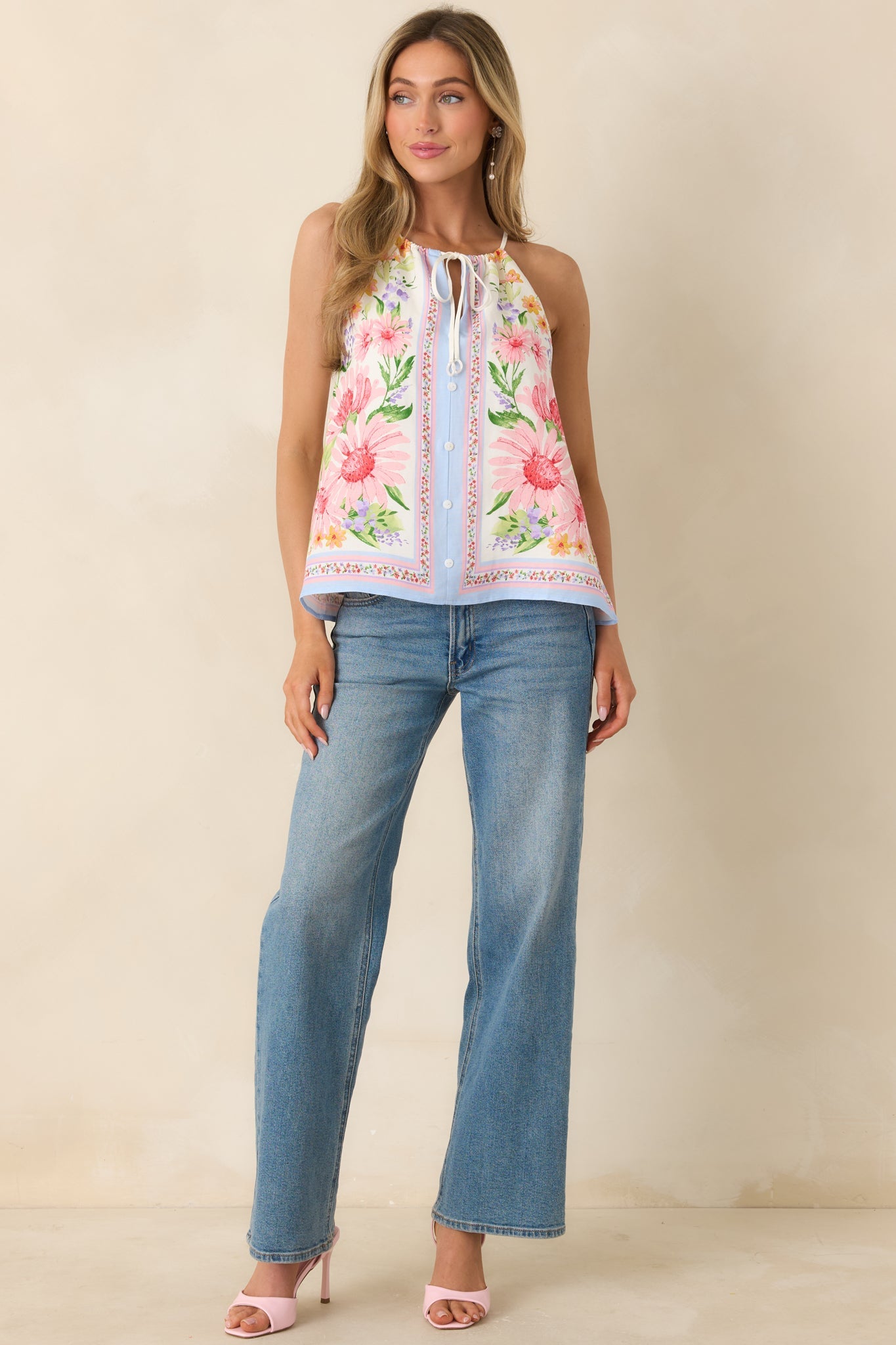 Women's Where You Found Me Ivory Multi Floral Halter Top | 70% Rayon & 30% Linen 4