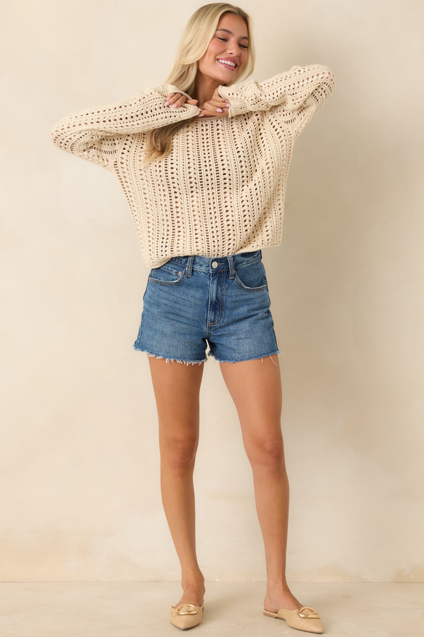 Women's Z Supply Beige Upland Crochet Sweater Top | 60% Cotton & 40% Viscose 3